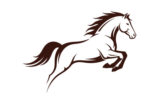 Running horse silhouette vector, jumping stallion illustration, dynamic equine logo design, wild animal art, minimal brown graphic