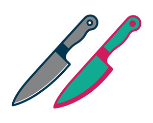 Obraz premium Two stylized kitchen knives, one grey and one teal with a pink handle, on a white background, representing cooking tools.