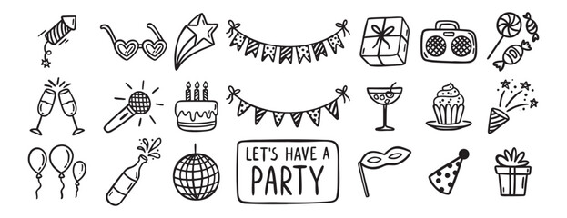Party event or Birthday doodle icon element doodle hand drawn icon set. Outline drawing party, carnival celebration concept line clipart symbol collection. sketch birthday cake, balloon, decoration