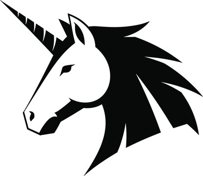 Unicorn head silhouette logo, mythical horse illustration, fantasy animal vector, magical emblem design, black minimal icon, white background