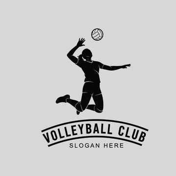 Volleyball player silhouette logo vector, jumping spike action illustration, sports club emblem design, athletic competition icon graphic