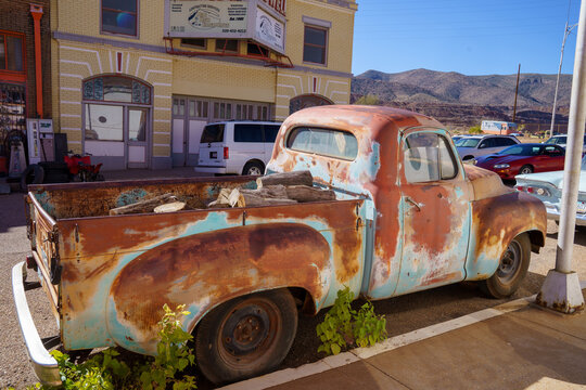 Lowell, Arizona - January 16, 2026: Rusty old vintage Studebaker truck parked along Erie Street in Lowell, Arizona, a ghost town