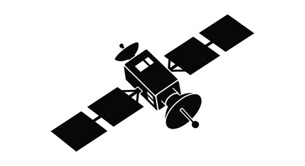 A stark black silhouette depicts a complex satellite in space showcasing its solar panels and communication dishes silhouette high quality © Pvect02