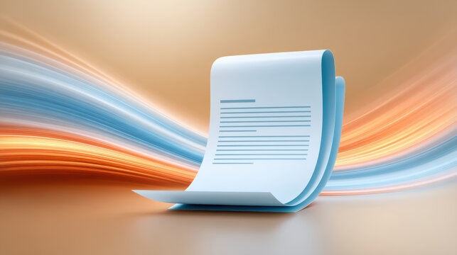 Blue document with flowing data and flow lines conveying digital information movement
