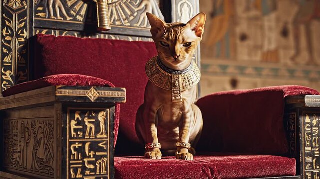 Ancient Egyptian dog sitting on ornate throne in temple, looking outside with hieroglyphics in background, for history or animal use
