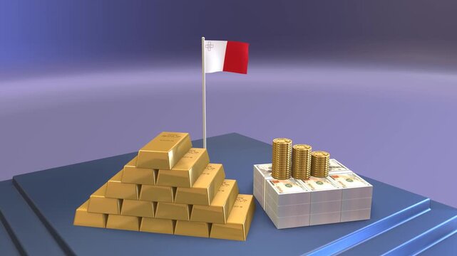 3D animation of Malta flag standing behind stacks of gold bars and dollar bills as a background symbol of national wealth and global financial investment.