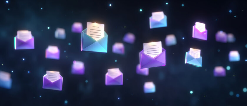 Envelope document data flow digital communication glowing message in motion vibrant abstract