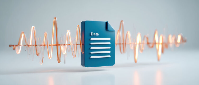 Data flow graphic showing digital document and waveform symbolizing information transfer