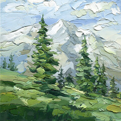 Naklejka premium Pine trees in mountain landscape impasto oil painting alpine forest with snowy peaks and green hills