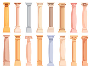 Naklejka premium Cartoon ancient column. Roman greek pillars, antique architecture elements for temples, facades. Carving column, decorative medieval stone objects, sapid vector clipart