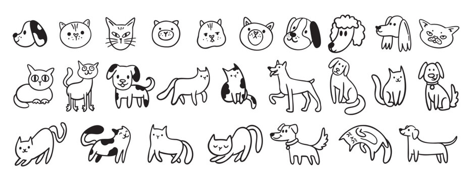cute dogs and cats doodle hand drawn icon set. Sitting, standing. Outline drawing cats and dogs faces line clipart symbol collection