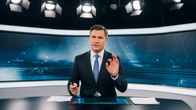 Man news presenter in studio delivering headline, reading script, and gesturing during live broadcast for current events reporting