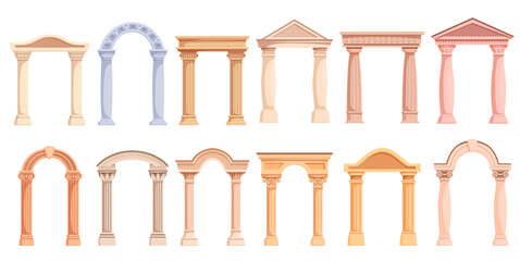 Naklejka premium Cartoon ancient roman arches. Stone arch for gate or temple, antique palace entrance decoration. Stone medieval architecture elements, sapid vector clipart