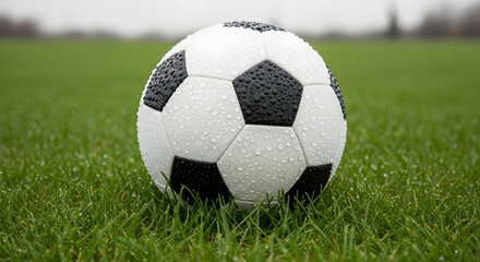 Fototapeta premium A close-up, detailed shot of a classic black and white soccer ball resting on vibrant green grass, glistening with morning dew drops after a refreshing rain shower