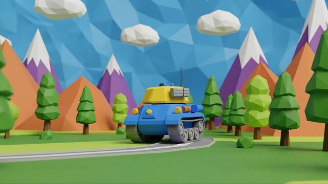 Colorful cartoon tank journeying through vibrant lowpoly landscape