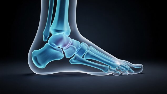 A high-tech 3D anatomical render of the human foot and ankle bones against a dark background showcasing skeletal structures for medical education innovation in surgery and the complexity of ankle anat