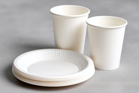 Stacked White Paper Plates and Cups