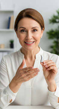 Hearing Care Professional Presenting Modern Hearing Aid on Live Stream