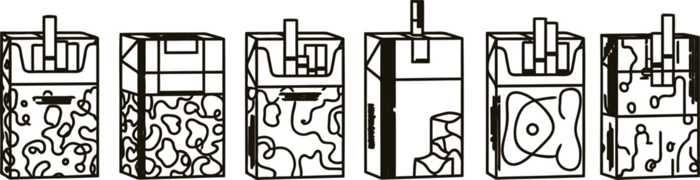 Six different packagings of cigarette boxes in various designs and patterns on white background  artistic illustration