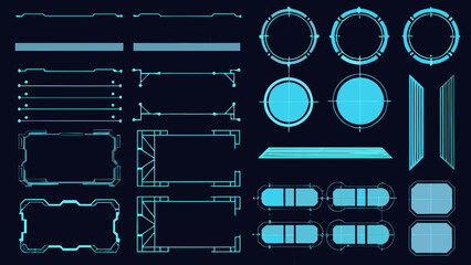 Collection of futuristic glowing blue geometric frames and design elements