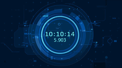 Futuristic digital clock display with complex circuit board background