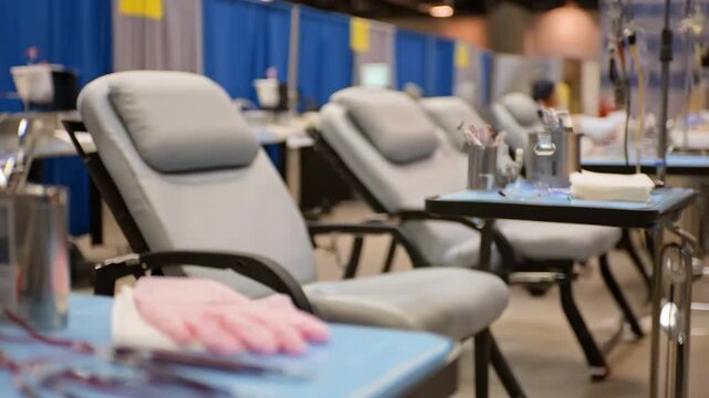 Medically sterile phlebotomy workspace with tubing alcohol swabs and gloves sharply detailed while multiple patients and chairs behind create a subtle unfocused background scene.
