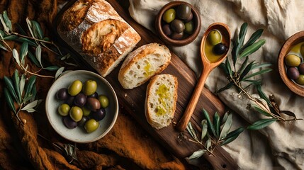 Artisanal bread with olives arrangement