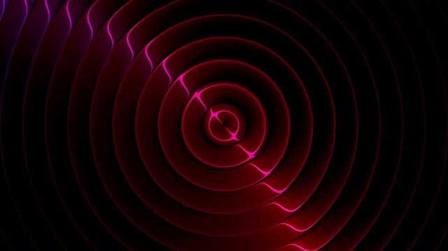 Circular ribbed glass with dynamic thin light refraction. Futuristic glowing gradient line flows through concentric rings. Luminous gradient line moves through layered rings. Seamless loop. 4K video