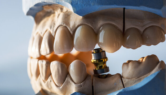 Dental model with orthodontic appliance displayed on a blue background from a close-up viewpoint