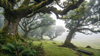 Fototapeta premium A mesmerizing, atmospheric landscape photograph of the ancient Fanal Forest in Madeira. The scene features gnarled, twisted laurel trees with thick trunks covered in lush green moss and ferns. A dense