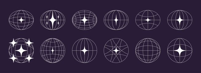 Fototapeta premium World globe retro grids in oval and round form with stars icons set. earth latitude and longitude line grid. futuristic design elements.