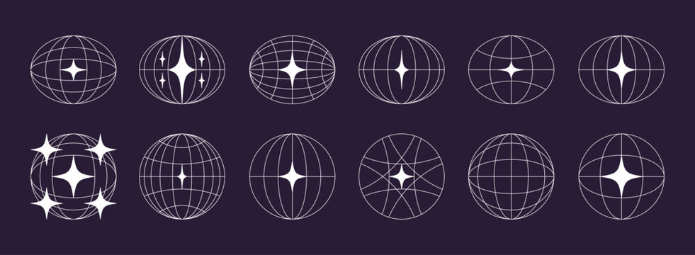 World globe retro grids in oval and round form with stars icons set. earth latitude and longitude line grid. futuristic design elements.