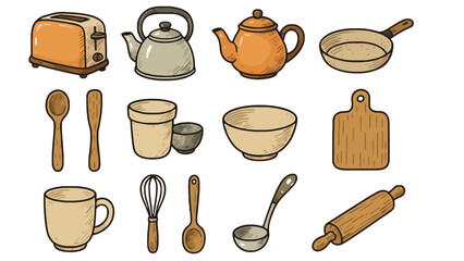 A collection of kitchen utensils and appliances on a white background