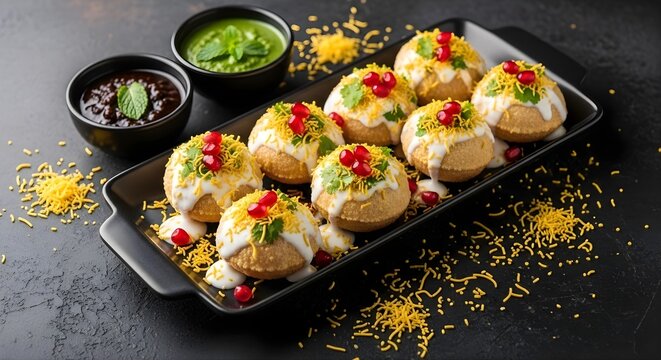 Delicious dahi vada or dahi bhalla on a black tray with chutneys on a transparent background