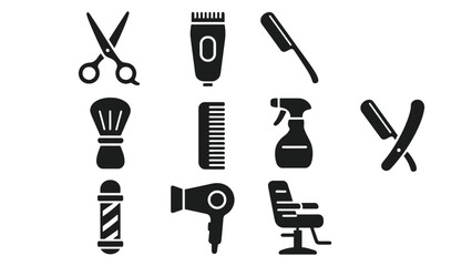 A collection of black icons representing various barber tools and equipment