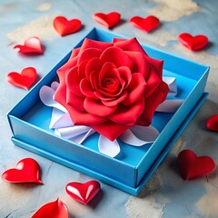 Blue Gift Box with Red Rose and White Ribbon Surrounded by Hearts