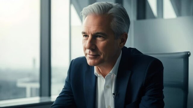 Man in suit giving interview in office setting, senior businessman speaking about financial market and corporate strategy