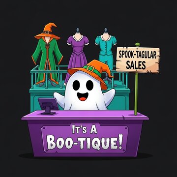 Ghost in orange hat at purple counter with Spook-tagular Sales sign and mannequins