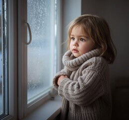Obraz premium A child in thick turtleneck sweater stands by frosty window. The dim room is lit by sunlight streaming through frosty glass showing snowy scene.