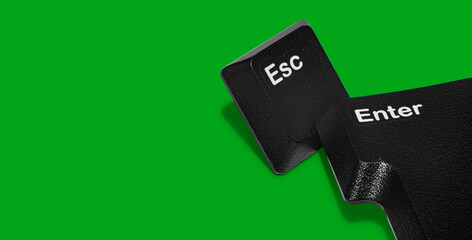 Close-up view of Esc and Enter keyboard keys placed on a bright green background. The image symbolizes user interface concepts, technology choices, and digital interaction with copy space.
