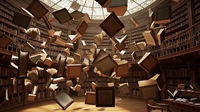 Books floating in a grand circular library with wooden shelves and a glass ceiling, seen from a central viewpoint, inspired by (210)_1080