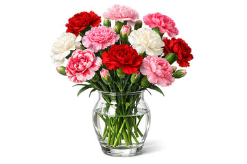 Colorful flower bouquet arranged in clear glass vase isolated on white background