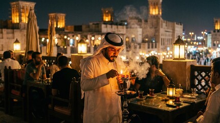 Obraz premium Man lighting hookah at night in traditional restaurant setting 