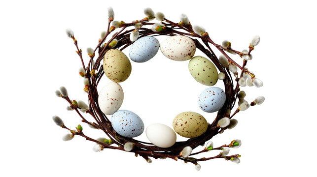 Overhead circular display of colorful easter eggs with willow branches isolated background