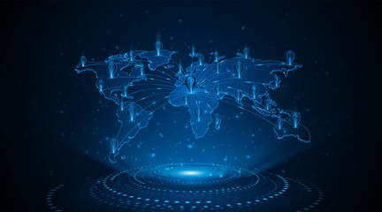 A holographic world map. A pointer on a world map. The concept of internet technology or global communication.  © Natt