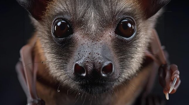 Young bat face close up with wet fur and open mouth showing teeth and expressive eyes. close up of small bat face with wet nose and glossy eyes