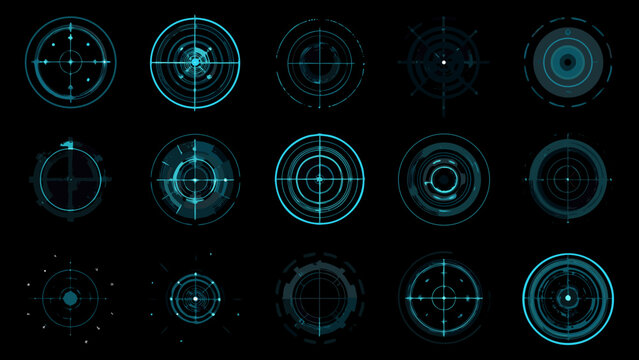 Collection of futuristic teal crosshairs on a black background