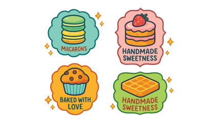 A colorful illustration of sweet baked goods with decorative labels