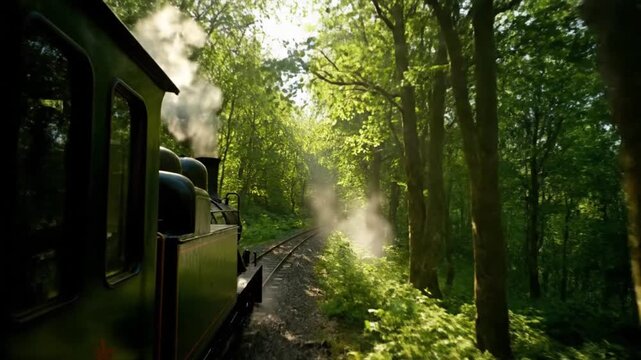 Vintage steam locomotive chugs slowly along a curved track winding deep within a lush vibrant green forest canopy during bright sunlight