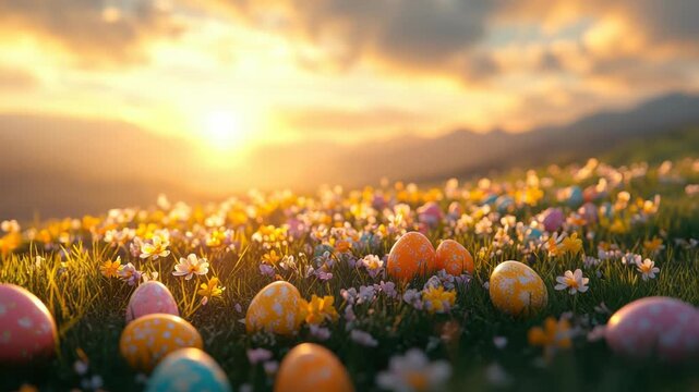 Colorful Easter eggs lay scattered across a lush green field filled with blooming flowers as the warm sun sets, creating a picturesque spring atmosphere full of joy and beauty
